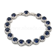 Rack Plating Brass Pave Cubic Zirconia Flat Round Links Bracelets for Women, Platinum, Dark Blue, 7-7/8 inch(20.1cm)(BJEW-H604-02P-02)