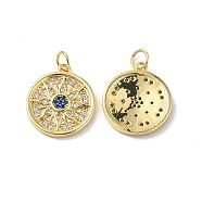 Brass Micro Pave Cubic Zirconia Pendants, with Jump Ring, Flat Round with Flower Pattern, Real 18K Gold Plated, 18.5x16x2.3mm, Hole: 3.6mm(KK-E068-VF313)
