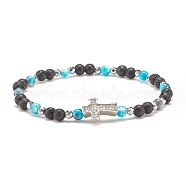 Natural & Synthetic Mixed Gemstone Beaded Stretch Bracelet with Clear Cubic Zirconia Cross for Women, Dark Turquoise, Inner Diameter: 2-1/4 inch(5.6cm)(BJEW-JB08247-05)