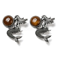 Dual-use Items Alloy Mermaid Brooch, with Natural Tiger Eye, Antique Silver, 42x37x12mm, Hole: 8x3mm(JEWB-C026-02A-AS)
