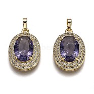 Golden Plated Brass Micro Pave Clear Cubic Zirconia Pendants, with Glass, with Snap on Bails, Long-Lasting Plated, Oval, Purple, 22.5x16x7mm, Hole: 3x5mm(ZIRC-F123-02G)