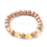 Round Natural Quartz Crystal Beaded Stretch Bracelets, with Natural Wood Beads and Alloy Spacer Beads, Inner Diameter: 2-1/4 inch(5.6cm)(BJEW-JB05607-03)