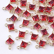 Transparent Glass Links connectors, with Brass Findings, Faceted, Rhombus, Light Gold, Red, 11x7x4mm, Hole: 1mm, Side Length: 5mm(GLAA-T007-14D)