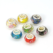 Glass European Beads, Large Hole Beads, Mixed Color, with Flower Inside, Brass Core in Silver Color, about 13mm wide, 8mm long, hole: 5mm(GDA003)