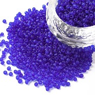 12/0 Glass Seed Beads, Frosted Colors, Round, Round Hole, Blue, 12/0, 2mm, Hole: 1mm, about 3333pcs/50g, 50g/bag, 18bags/2pounds(SEED-US0003-2mm-M8)
