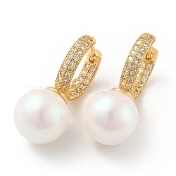 Round Acrylic Pearl Beaded Hoop Earrings with Clear Cubic Zirconia, Brass Jewelry for Women, Cadmium Free & Nickel Free & Lead Free, Real 18K Gold Plated, 28x15x12mm, Pin: 1mm(EJEW-G297-28G)