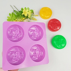 DIY Soap Silicone Molds, for Handmade Soap Making, Flat Round with Moon & Face Pattern, 4 Cavities, Orchid, 165x165mm, Inner Diameter: 65mm(SOAP-PW0001-030)