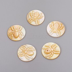 Yellow Shell Cabochons, Flat Round with Spider, 21.5x2.8mm(SHEL-P071-11)