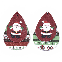 Christmas Theme PU Leather Big Pendants, with Platinum Tone Iron Jump Ring, teardrop, with Father Christmas, Colorful, 56.5x37x3mm, Hole: 5mm(FIND-R080-08)