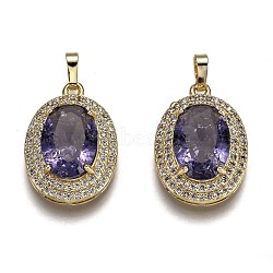 Golden Plated Brass Micro Pave Clear Cubic Zirconia Pendants, with Glass, with Snap on Bails, Long-Lasting Plated, Oval, Purple, 22.5x16x7mm, Hole: 3x5mm(ZIRC-F123-02G)