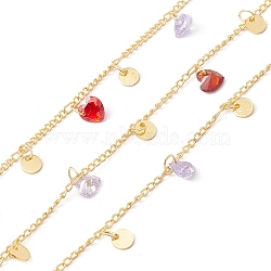 Handmade Cubic Zirconia Heart & Brass Flat Round Charms Chain, with Curb Chains, Real 18K Gold Plated, Lead Free & Cadmium Free, Soldered, with Spool, Colorful, 2x2x0.5mm(CHC-E025-47G)