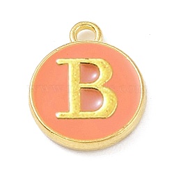 Golden Plated Alloy Enamel Charms, Enamelled Sequins, Flat Round with Alphabet, Letter.B, Hot Pink, 14x12x2mm, Hole: 1.5mm(X-ENAM-Q437-11B)