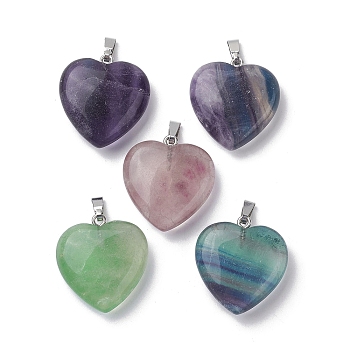 Natural Fluorite Pendants, Heart Charms with Stainless Steel Color Plated Stainless Steel Snap on Bails, 27~27.5x25x9~9.5mm, Hole: 7.8x2.8mm