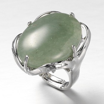 Adjustable Oval Brass Natural Green Aventurine Wide Band Rings, 17mm, Tray: 28x22mm