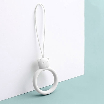 Ring with Bear Shapes Silicone Mobile Phone Finger Rings, Finger Ring Short Hanging Lanyards, White, 9.5~10cm, Ring: 40x30x9mm