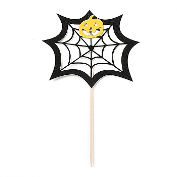 Felt Cloth & Paper Spider Web Cake Insert Card Decoration, with Bamboo Stick, for Halloween Cake Decoration, Black, 164mm