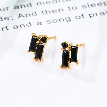 Cubic Zirconia Rectangle Stud Earrings, Golden 925 Sterling Silver Post Earrings, with 925 Stamp, Black, 8.5x5.8mm