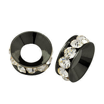 Brass Rhinestone Spacer Beads, Grade A, Rondelle, Gunmetal, Crystal, about 9mm in diameter, 4mm thick, hole: 4mm