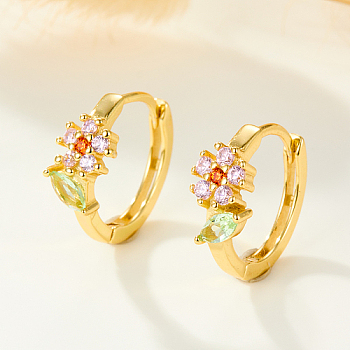Flower 925 Sterling Silver Micro Pave Colorful Cubic Zirconia Hoop Earrings, Golden, 5mm