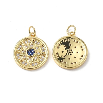 Brass Micro Pave Cubic Zirconia Pendants, with Jump Ring, Flat Round with Flower Pattern, Real 18K Gold Plated, 18.5x16x2.3mm, Hole: 3.6mm