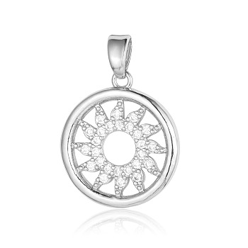 Brass Micro Pave Clear Cubic Zirconia Pendants, Flat Round with Sun Charms, Platinum, 19x17x1.3mm