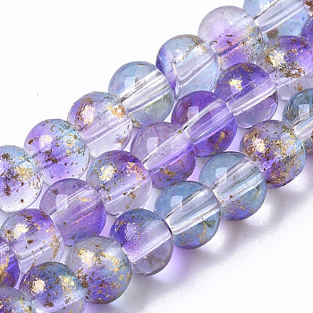Transparent Spray Painted Glass Bead Strands, with Golden Foil, Round, Medium Purple, 4~5mm, Hole: 0.9~1.2mm, about 95~103pcs/Strand, 13.78 inch~14.88 inch(35~37.8cm)