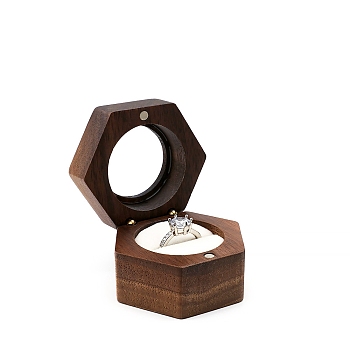 Hexagon Walnut Wood Magnetic Wedding Ring Gift Case, Clear Window Jewelry Box with Velvet Inside, for Rings, Floral White, 5.6x5x3.8cm