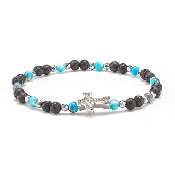 Natural & Synthetic Mixed Gemstone Beaded Stretch Bracelet with Clear Cubic Zirconia Cross for Women, Dark Turquoise, Inner Diameter: 2-1/4 inch(5.6cm)