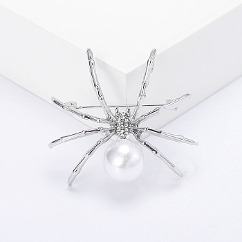 Spider with Plastic Pearl Pins, Alloy Brooches for Girl Women Gift, Platinum, 49x40mm