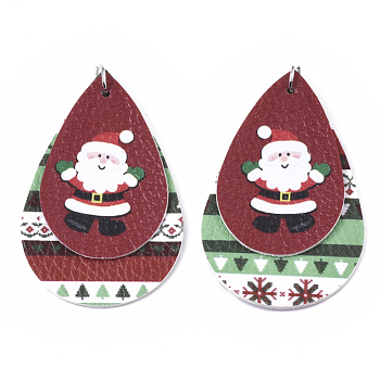 Christmas Theme PU Leather Big Pendants, with Platinum Tone Iron Jump Ring, teardrop, with Father Christmas, Colorful, 56.5x37x3mm, Hole: 5mm