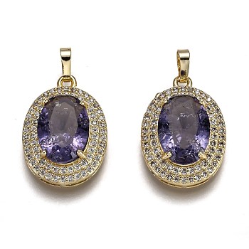 Golden Plated Brass Micro Pave Clear Cubic Zirconia Pendants, with Glass, with Snap on Bails, Long-Lasting Plated, Oval, Purple, 22.5x16x7mm, Hole: 3x5mm
