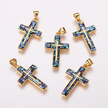 Freshwater Shell Pendants, with Brass Findings, Cross, Golden, 26x16x2.5mm, Hole: 3.5x5mm