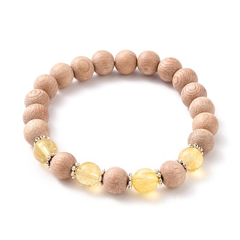 Round Natural Quartz Crystal Beaded Stretch Bracelets, with Natural Wood Beads and Alloy Spacer Beads, Inner Diameter: 2-1/4 inch(5.6cm)
