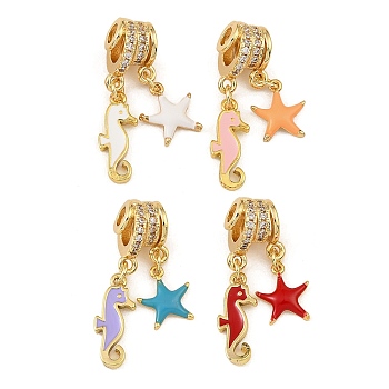 Brass Micro Pave Clear Cubic Zirconia Pendents, with Enamel, Sea Horse with Starfish Charms, Rack Plating, Long-Lasting Plated, Cadmium Free & Lead Free, Real 18K Gold Plated, Mixed Color, 29mm, Hole: 3mm
