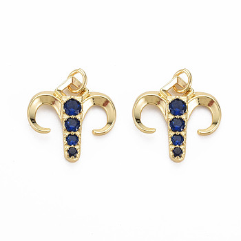 Brass Micro Pave Cubic Zirconia Pendants, Nickel Free, Real 18K Gold Plated, Aries, Dark Blue, 17.5x17.5x3mm, Hole: 3mm