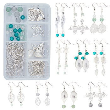 DIY Leaf Themed Earring Making Kits, Including Alloy & Iron & Brass Pendants, Glass Beads, Brass Cable Chains & Earring Hooks, Iron Findings, Silver