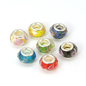 Glass European Beads, Large Hole Beads, Mixed Color, with Flower Inside, Brass Core in Silver Color, about 13mm wide, 8mm long, hole: 5mm