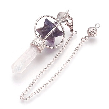 Natural Amethyst Dowsing Pendulums, with Platinum Tone Brass Findings, Merkaba Star, 257mm, Hole: 2mm