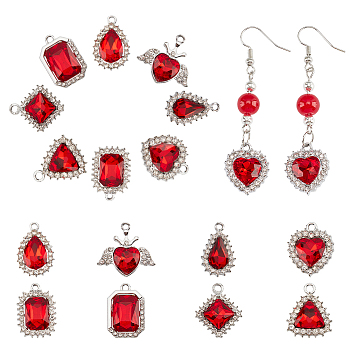 Elite 40Pcs 8 Style Platinum Plated Alloy Glass Pendants Sets, Crystal Rhinestone Charms, Rhombus & Octagon & Teardrop & Heart & Rectangle Charms, Red, 18.5~23.5x14~22.5x5~6mm, Hole: 1.8~2.2mm, 5Pcs/style