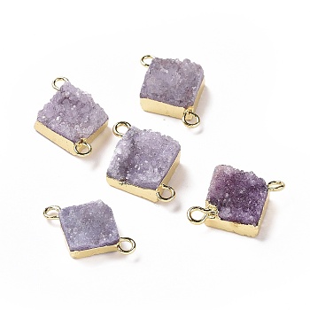 Natural Druzy Quartz Links connectors, with Brass Findings, Square, Silver, Lilac, 16~18x13~14x6~8mm, Hole: 2mm