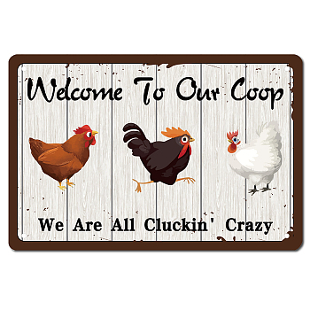 Iron Sign Posters, for Home Wall Decoration, Rectangle with Word Welcome To Our Coop, Rooster Pattern, 300x200x0.5mm