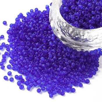 12/0 Glass Seed Beads, Frosted Colors, Round, Round Hole, Blue, 12/0, 2mm, Hole: 1mm, about 3333pcs/50g, 50g/bag, 18bags/2pounds
