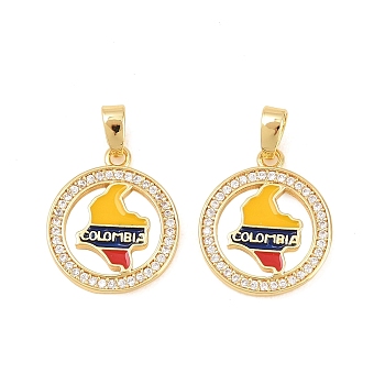 Brass Micro Pave Clear Cubic Zirconia Pendants, with Enamel, Map Charms, Long-Lasting Plated, Rack Plating, Lead Free & Cadmium Free, Golden, 17x14.5x2mm, Hole: 4x2.5mm