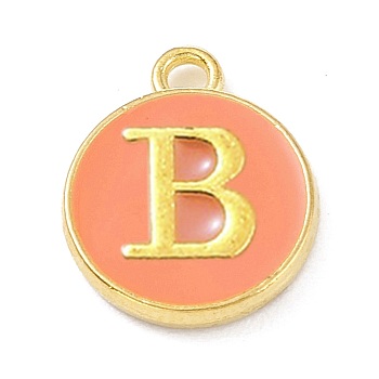 Golden Plated Alloy Enamel Charms, Enamelled Sequins, Flat Round with Alphabet, Letter.B, Hot Pink, 14x12x2mm, Hole: 1.5mm