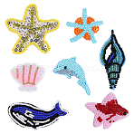 7Pcs 7 Styles Ocean Theme Glass Seed Beads Sew on Patches, Appliques, Starfish & Shell Shape & Dolphin & Fish, Mixed Color, 39~77x39~78x4~6mm, 1pc/style (PATC-PH0001-89)