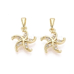 Brass Micro Pave Clear Cubic Zirconia Pendants, Starfish Charms, Real 18K Gold Plated, 16x14x3mm, Hole: 6x3mm(KK-Q073-07G)
