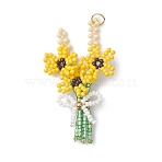 3D Glass Seed Beaded Bouquet with Bowknot Pendants, with 304 Stainless Steel Open Jump Rings, Golden, Yellow, 54.5x33.5x8mm, Hole: 5mm(PALLOY-MZ01153-01)