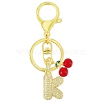 Brass Micro Pave Clear Cubic Zirconia Letter Pendant Keychain, Alloy Key Ring and Lampwork Cherry Charms for Bag Ornaments, Letter K, 87mm, pendant: 29mm(KEYC-SW00015-K)