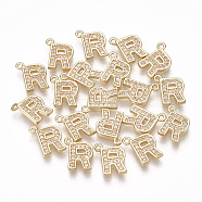 Brass Cubic Zirconia Charms, Letter, Clear, Real 18K Gold Plated, Letter.R, 10x8x1.5mm, Hole: 1mm(KK-S348-330R)