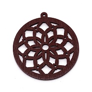 Wood Big Pendants, Flar Round with Flower, Hollow, Coconut Brown, 60.5x56x2.5mm, Hole: 2mm(WOOD-WH0024-06A)